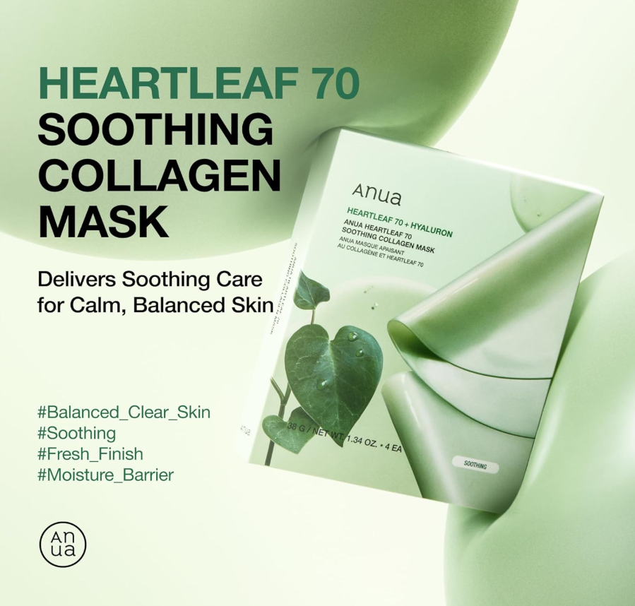 Heartleaf 70 soothing collagen mask packaging with green background, Anua Heartleaf 70 Soothing Collagen Mask 4ea