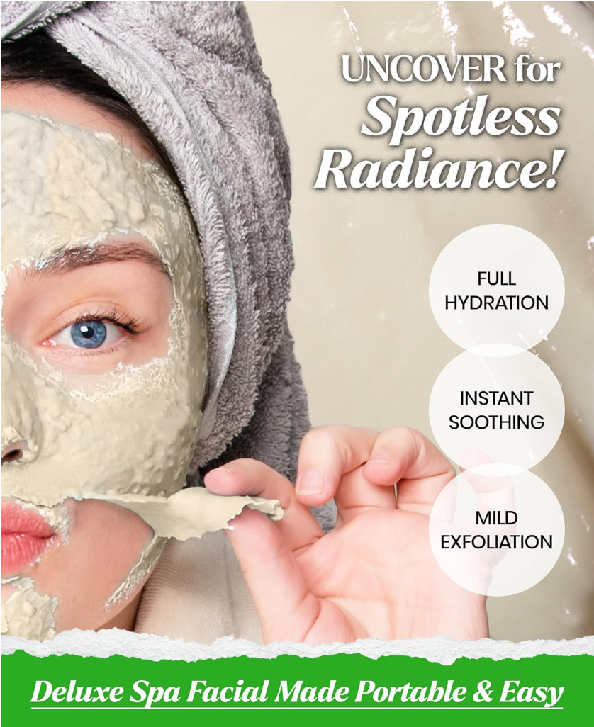 Person applying a facial mask with text highlighting benefits and ease of use, Lindsay Collagen Modeling Mask Cup Pack 28g