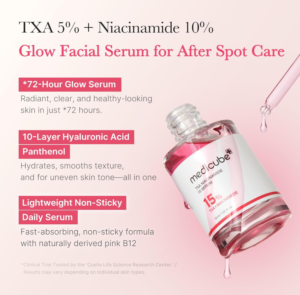 Facial serum bottle with product details on a pink background, Medicube TXA Niacinamide 15% Glow Serum 30ml