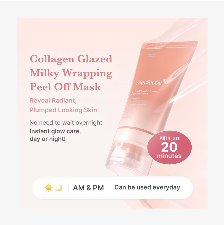 Collagen Glazed Milky Wrapping Peel Off Mask by Medicube on a light pink background, Medicube Collagen Milk Toning Wrapping Mask 75ml