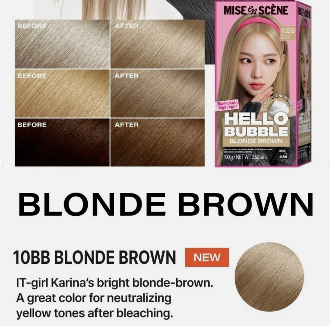 Mise en Scène Hello Bubble Blonde Brown hair dye packaging, featuring a model with blonde hair and a pink headband on a pink background. Hello Bubble Ash Beige 10BB