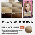 Mise de Scène Hello Bubble Blonde Brown hair dye packaging shown next to before-and-after hair swatches and a circular color swatch labeled 10BB Blonde Brown. Hello Bubble Ash Beige 10BB