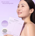 Woman holding a Biodance Dual-Action Rejuvenating Mask with a purple background, Biodance Rejuvenating Caviar PDRN Real Deep Mask 4 sheets