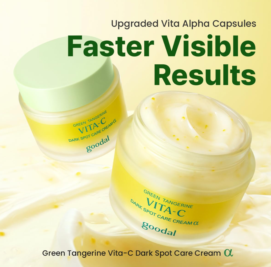 Two jars of Goodal Green Tangerine Vita-C Dark Spot Care Cream on a light yellow background with text about faster visible results, Goodal Vita-C Dark Spot Care Cream 50ml