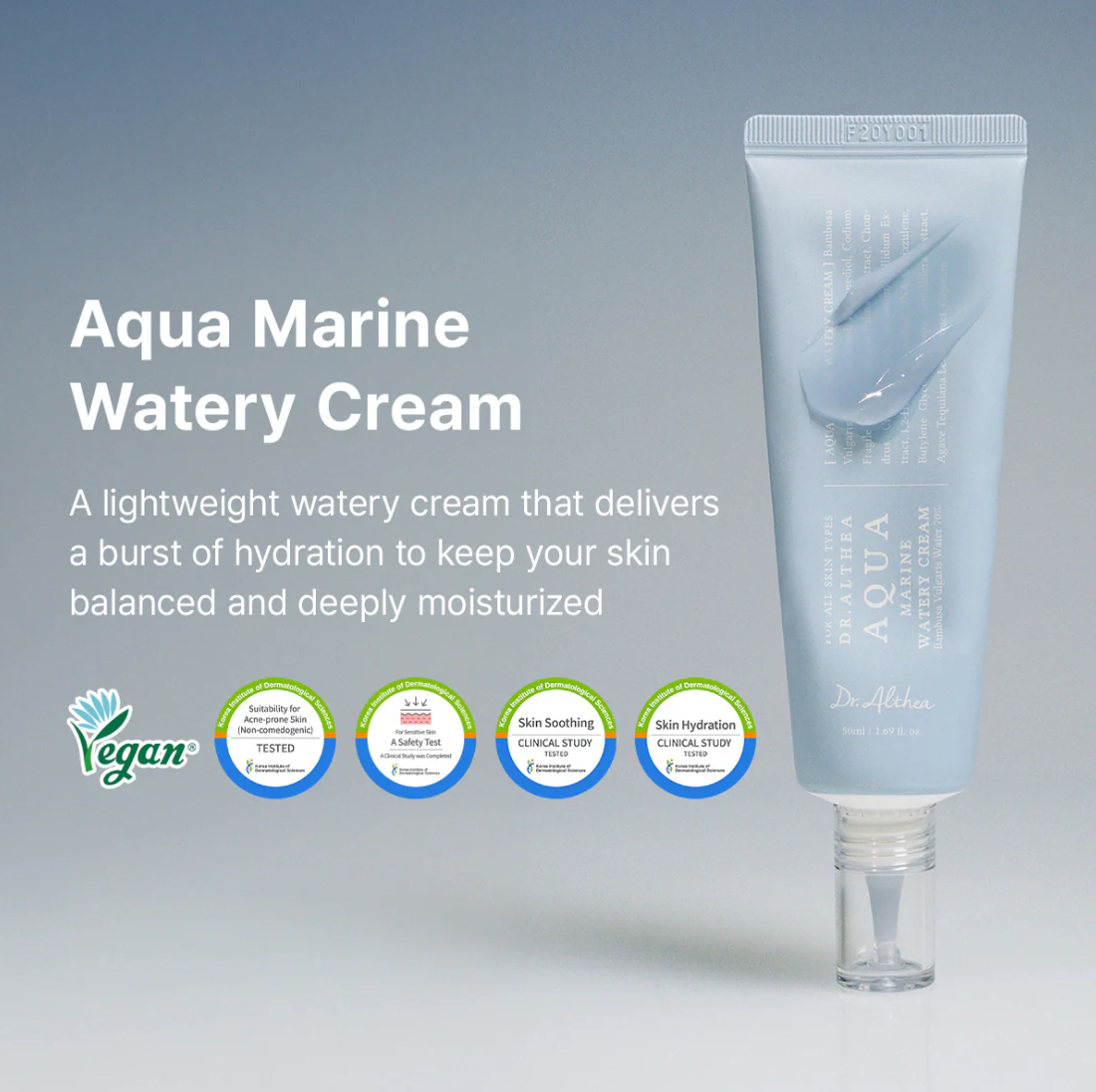Aqua Marine Watery Cream tube with product description and branding on a gray background, Dr.althea Aqua Marine Watery Cream 50ml