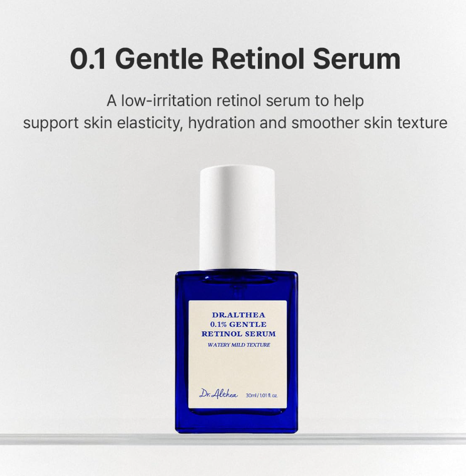 Blue bottle of Dr. Althea 0.1 Gentle Retinol Serum on a white background, Dr.Althea 0.1% Gentle Retinol Serum 30ml