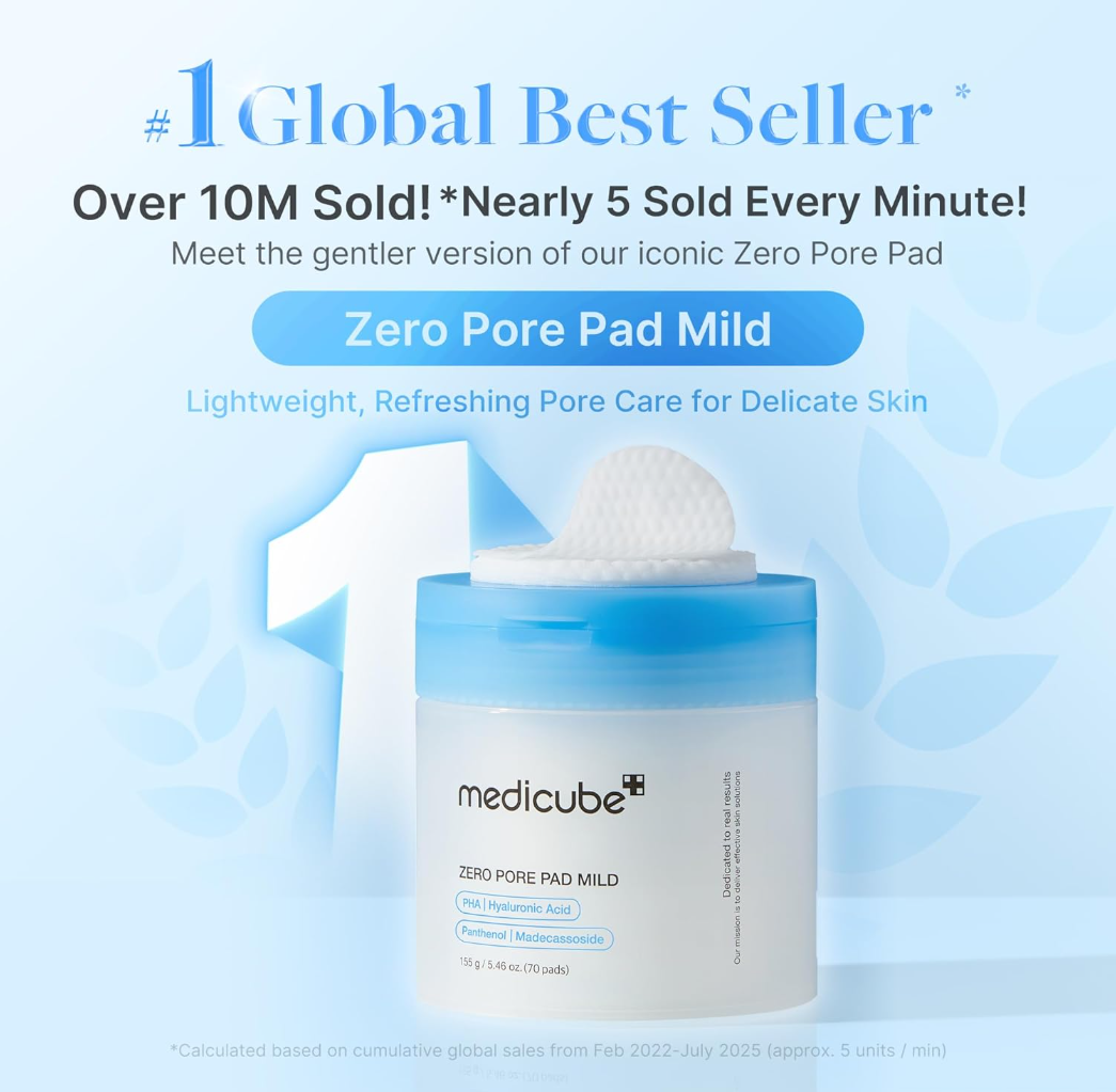 Medicube Zero Pore Pad Mild with promotional text on a blue background, Medicube Zero Pore Pad Mild 155g 70 pads