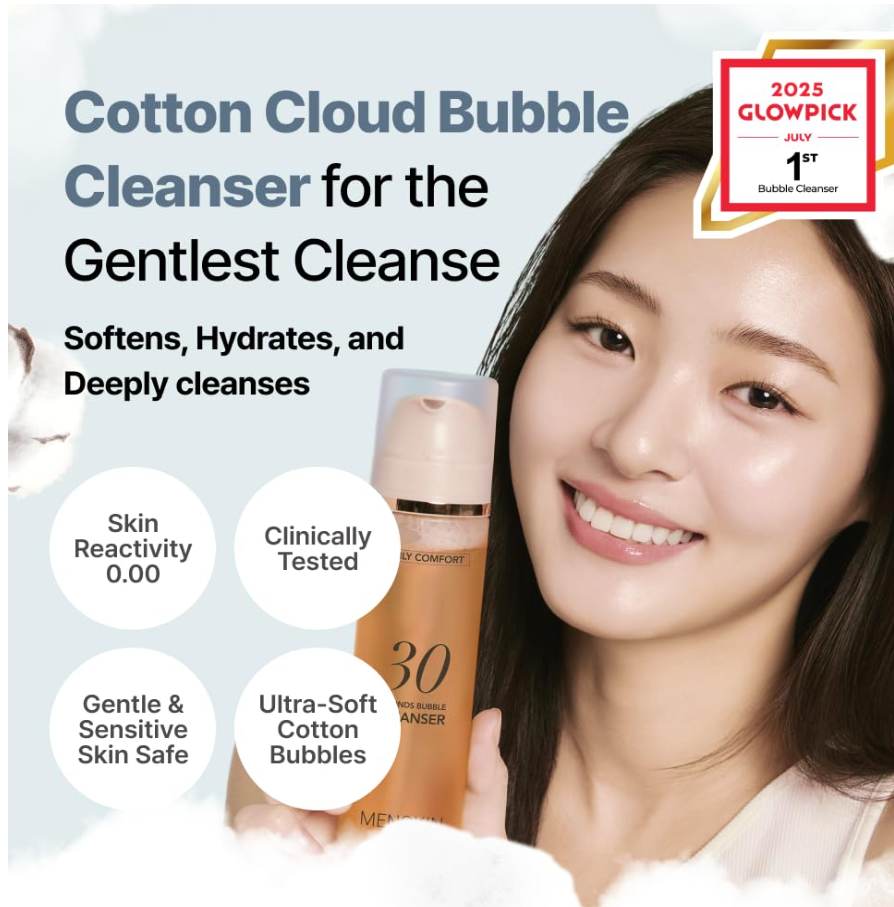 Cotton Cloud Bubble Cleanser with a model holding it, featuring product benefits and a 2025 Glowpick award, MENOKIN Cotton Cloud Bubble Cleanser [Daily Comfort] 150ml