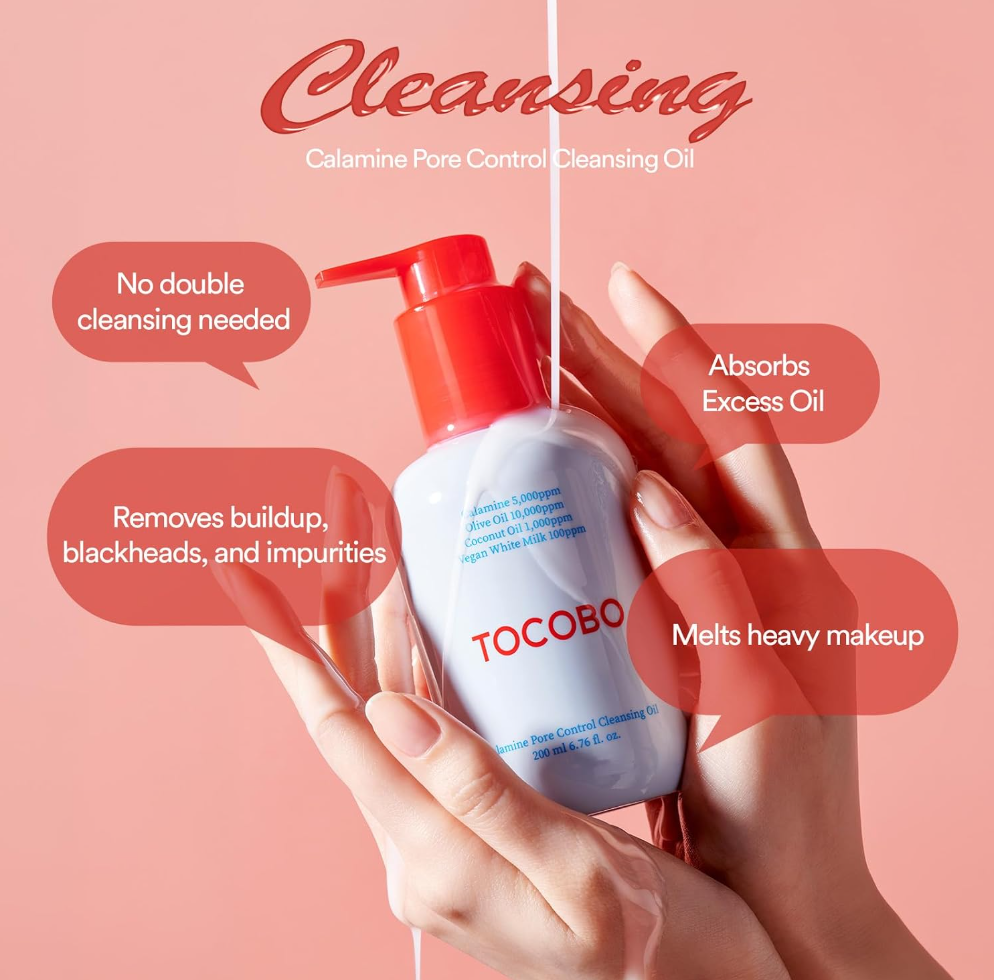 Tocobo cleansing oil bottle held by a hand with product features highlighted on a pink background, TOCOBO Calamine Pore Control Cleansing Oil 200ml