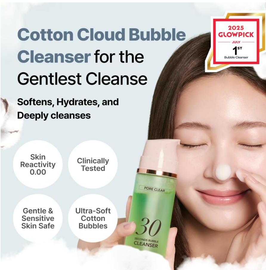 Menokin 30 Deciemis Bubble Cleanser bottle with cotton on a white background, MENOKIN Cotton Cloud Bubble Cleanser [Pore Clear] 150ml