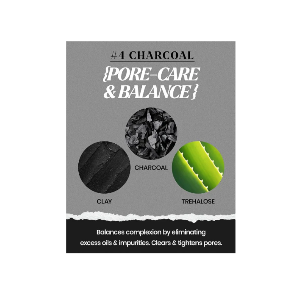 Product packaging for #4 Charcoal Pore-Care & Balance with charcoal, clay, and trehalose on a gray background, Lindsay Charcoal Modeling Mask Cup Pack 28g