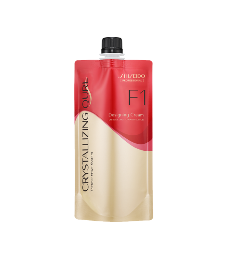 Shiseido Crystallizing Oil F1 Designing Cream refill pouch with a red and gold design, featuring a black cap, on a white background. Shiseido Crystallizing Qurl Hair Wave Perm Set F1 + Neutralizing Lotion 2 400*2