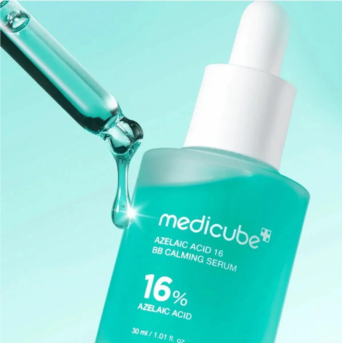 Medicube BB Calming Serum with dropper on a light blue background, Medicube Azelaic Acid 16 BB Soothing Serum 30ml