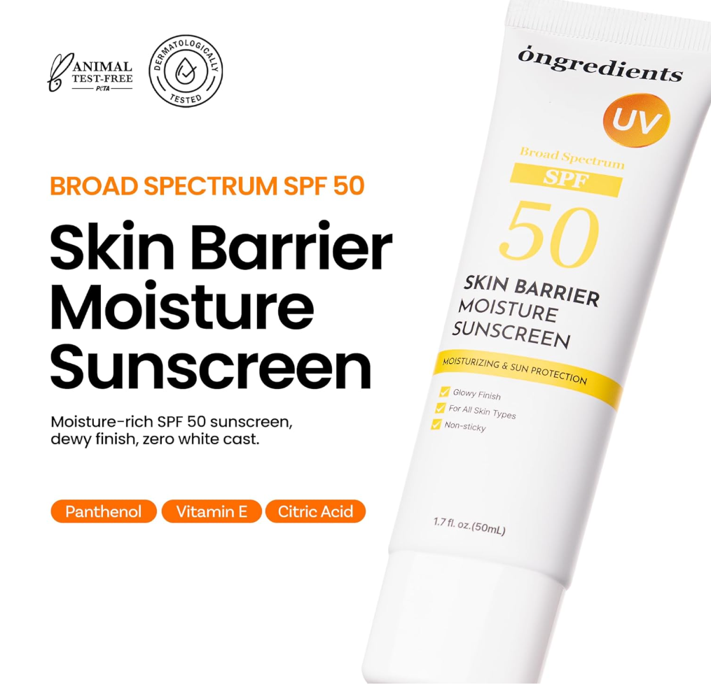 Skin barrier moisture sunscreen with SPF 50 on a white background, ONGREDIENTS Skin Barrier Moisture Sunscreen Broad Spectrum SPF 50 50ml