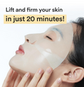 Person applying a face mask with text claiming to lift and firm skin in 20 minutes, Abib Collagen Gel Mask Jericho Rose Jelly 4ea