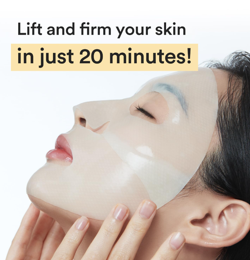 Person applying a face mask with text claiming to lift and firm skin in 20 minutes, Abib Collagen Gel Mask Jericho Rose Jelly 4ea