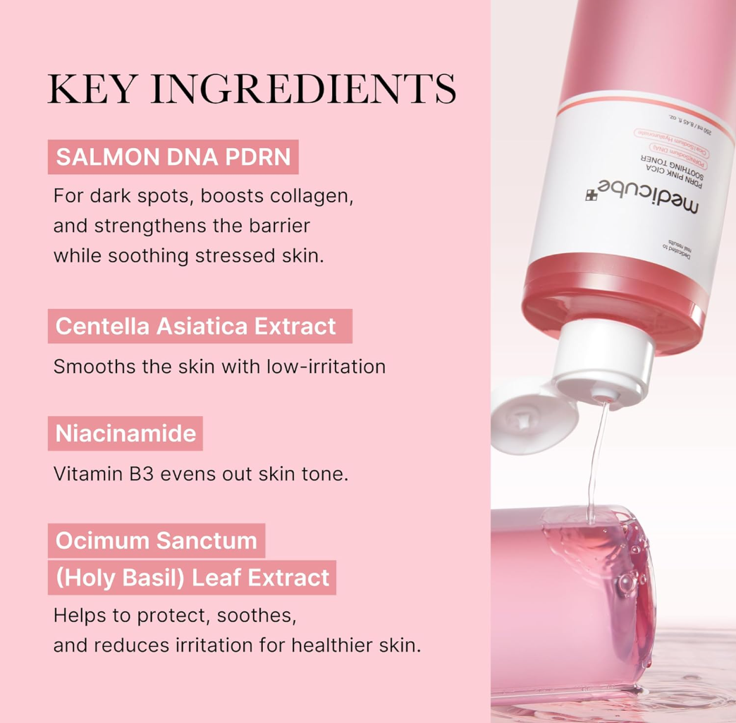 Cosmetic product with key ingredients listed on a pink background, Medicube PDRN Pink Cica Soothing Toner 250ml