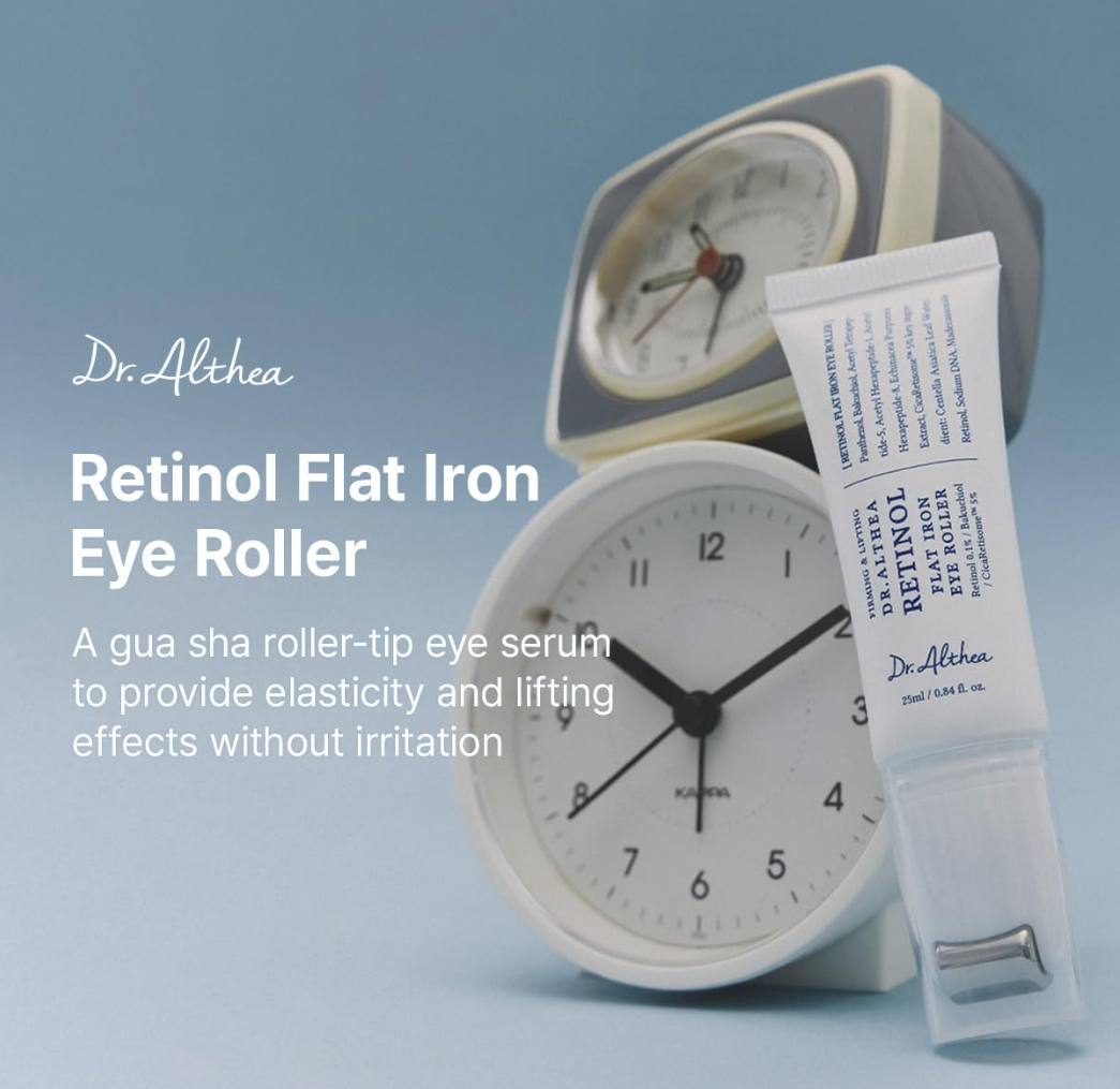 Dr. Althea Retinol Flat Iron Eye Roller with two clocks on a light blue background, Dr.althea Retinol Flat Iron Eye Roller 25ml