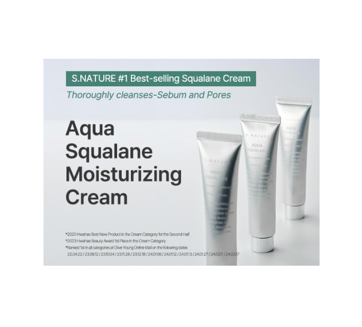 Aqua Squalane Moisturizing Cream packaging with three cream tubes on a white background, S.nature Aqua Squalane Moisturizing Cream 60ml