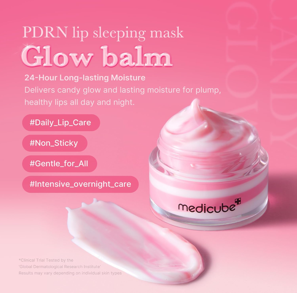 Pink and white cosmetic container with 'medicube' branding on a white background, Medicube PDRN Lip Sleeping Mask 10g