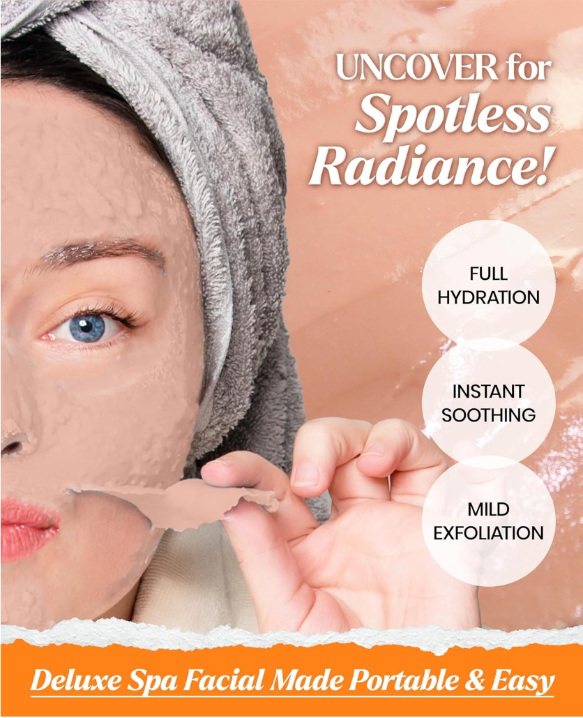 Facial peel product with text 'Uncover for Spotless Radiance' and benefits listed, Lindsay Vitamin Modeling Mask Cup Pack 28g