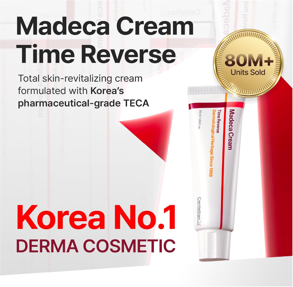 Madeca Cream Time Reverse with packaging and gold badge on a white background, Centellan24 The Madeca Cream 50ml