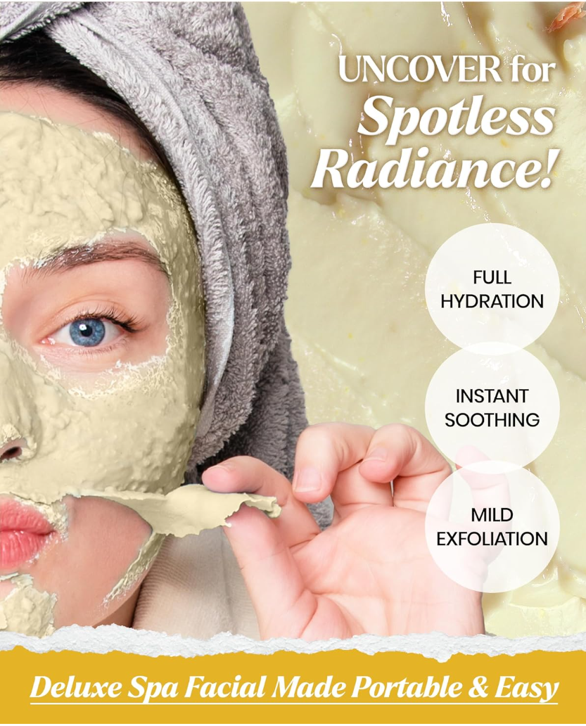 Woman applying facial mask with text highlighting benefits and ease of use, Lindsay Calendula Modeling Mask Cup Pack 28g