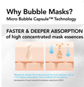 Advertisement for bubble masks with text about micro bubble capsule technology and faster absorption, MENOKIN 30 Seconds Quick Bubble Mask MOIST Hyaluronic Acid 95ml