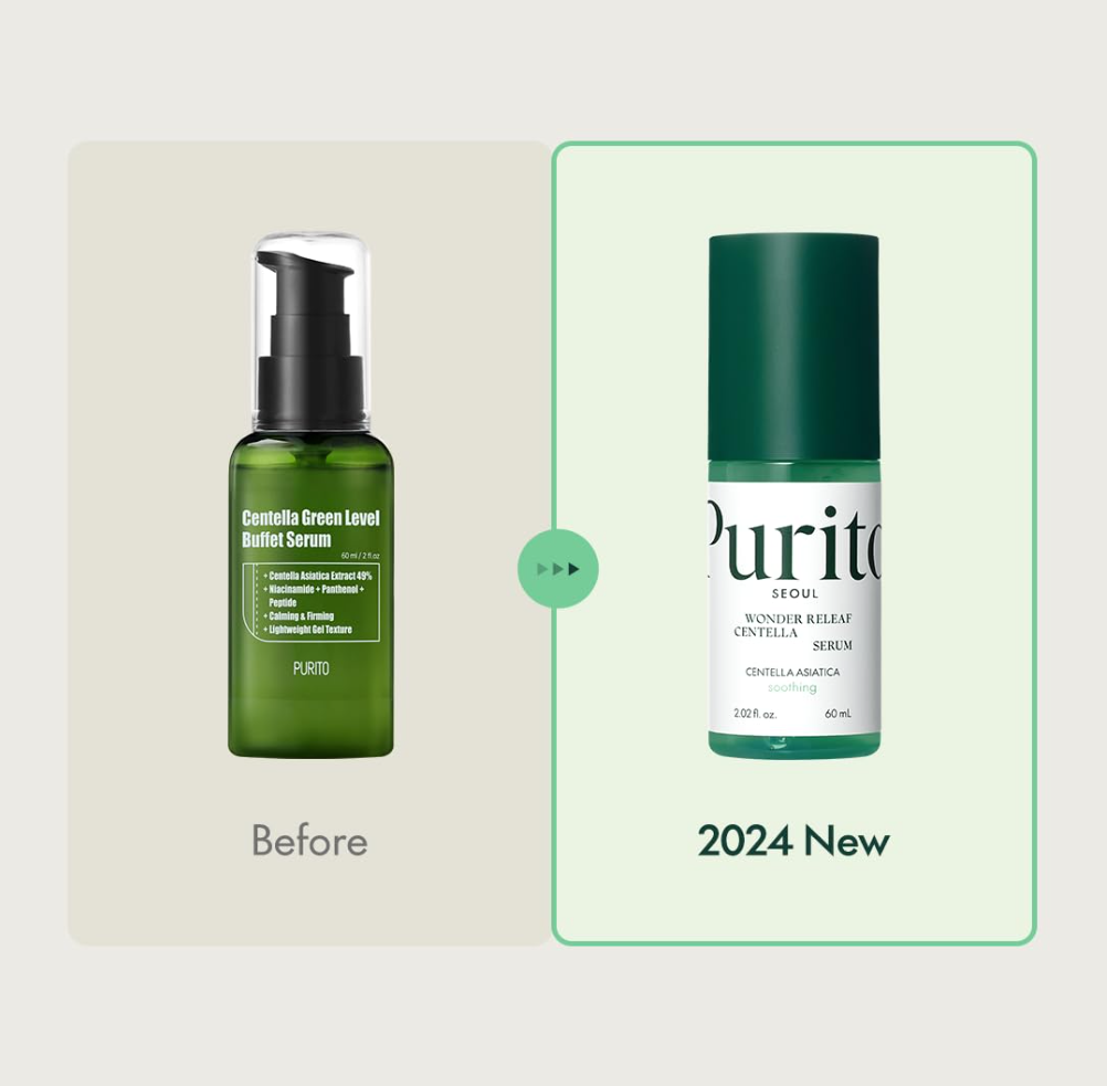 Purito Wonder Releaf Centella Serum bottle and packaging on a white background, Purito Wonder Releaf Centella Serum 60ml