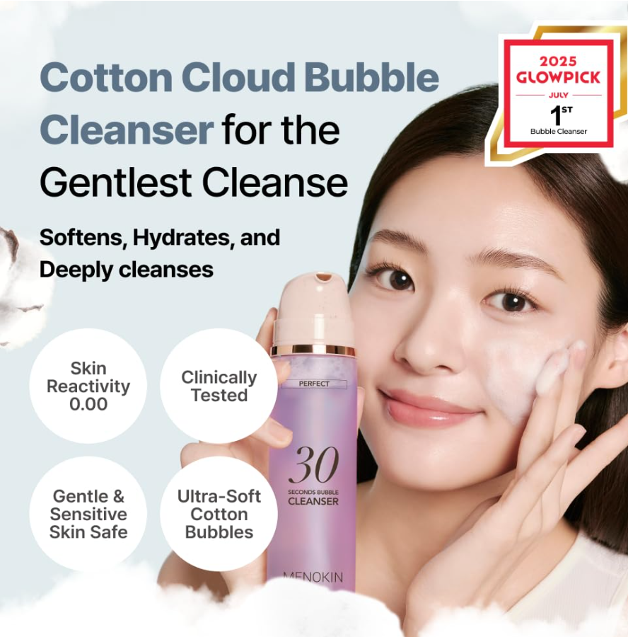 Cotton Cloud Bubble Cleanser with a model applying it, featuring product details and a Glowpick award, MENOKIN Cotton Cloud Bubble Cleanser [Perfect] 150ml