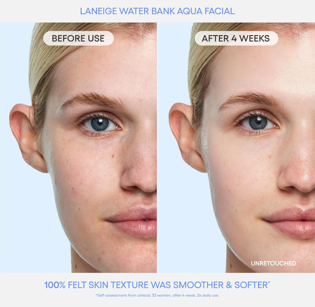 Before and after comparison of a Laneige Water Bank Aqua Facial on a person's face, Laneige Water Bank Aqua Facial Serum 30ml