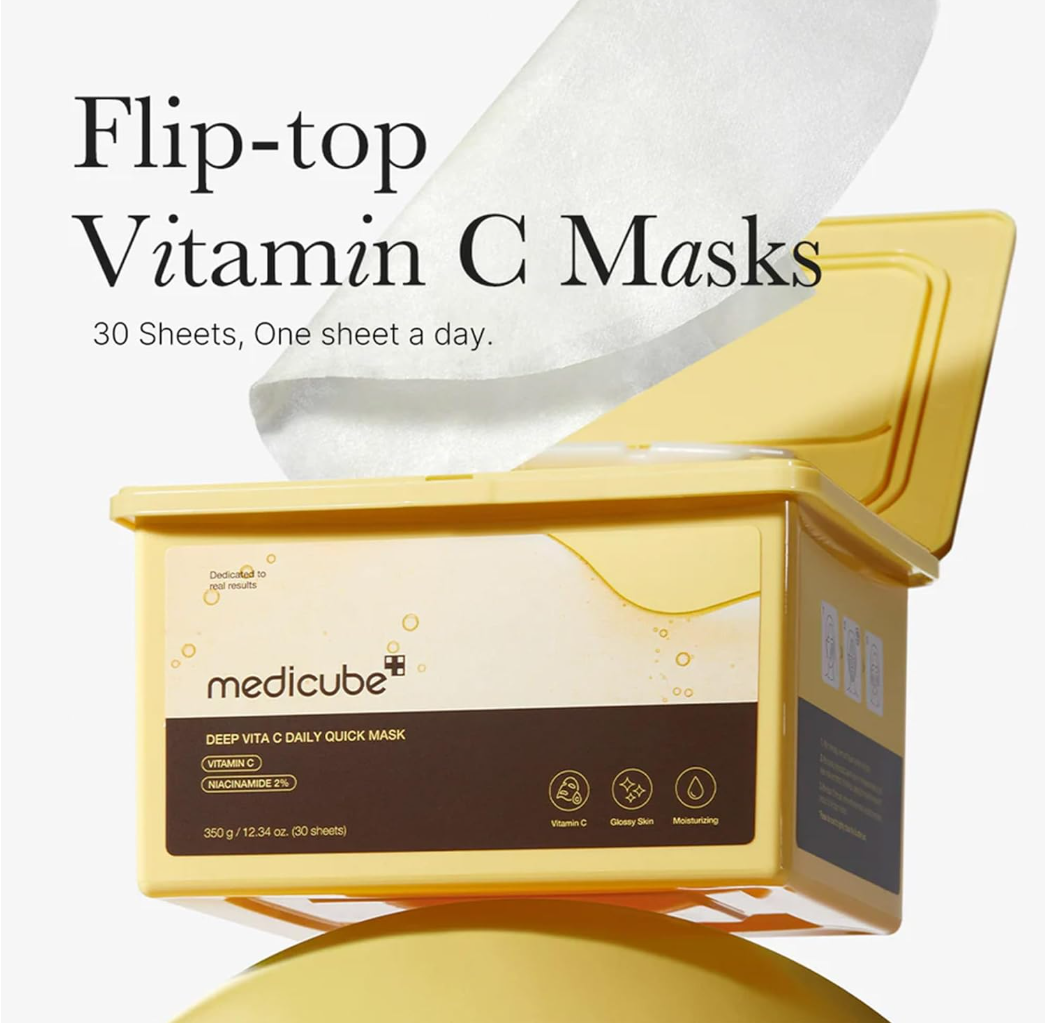 Yellow packaging of Medicube Deep Vita C Daily Quick Mask with a close-up of the mask sheet, Medicube Deep Vita C Daily Quick Mask 350g 30 sheets