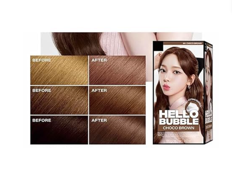 Hair color kit with 'Hello Bubble' branding and before-and-after color swatches, Hello bubble choco brown 6N
