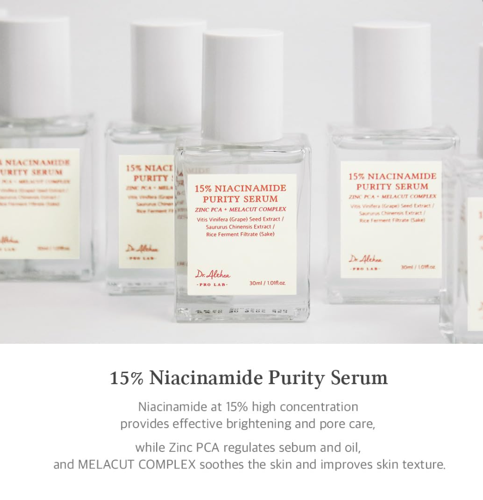 Dr. Alkem 15% Niacinamide Purity Serum packaging on a white background, Dr.Althea 15% Niacinamide Purity Serum 30ml