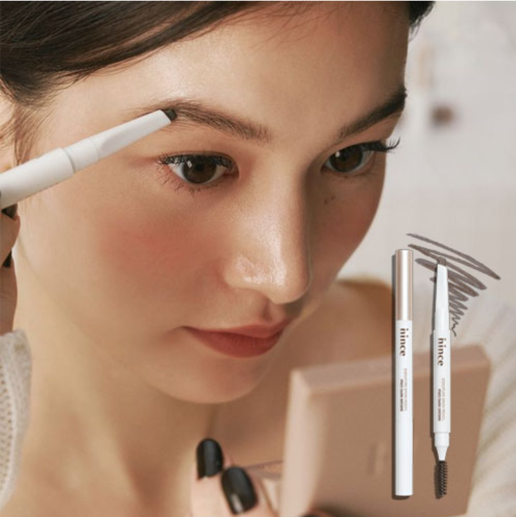 Woman applying eyebrow marker with a close-up of the product on a white background, Hince Signature Brow Pencil P006 Light Brown