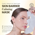 Woman applying a skin barrier calming mask with product details on a beige background, ONGREDIENTS Skin Barrier Calming Mask 6pcs