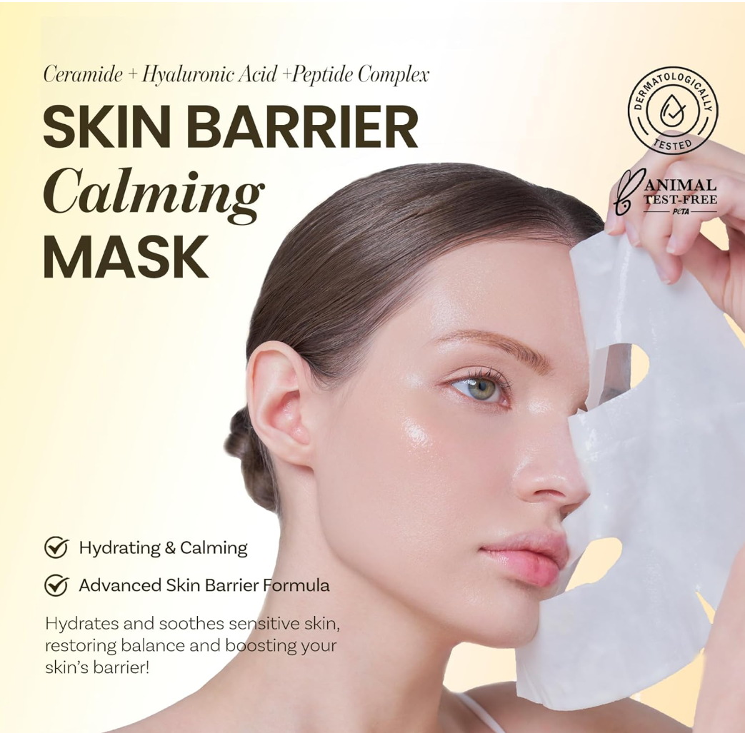Woman applying a skin barrier calming mask with product details on a beige background, ONGREDIENTS Skin Barrier Calming Mask 6pcs