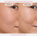 Before-and-after skincare comparison showing a woman's cheek and eye area, labeled 'BEFORE USE' on the left and 'AFTER 4 WEEKS' on the right, with text at the top and bottom about using a sleeping mask for visible plumpness. LANEIGE Bouncy & Firm Sleeping Mask 60ml