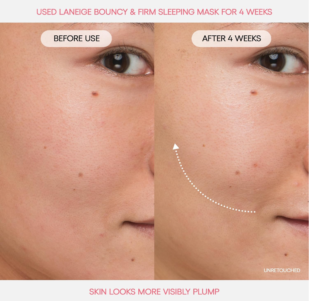 Before-and-after skincare comparison showing a woman's cheek and eye area, labeled 'BEFORE USE' on the left and 'AFTER 4 WEEKS' on the right, with text at the top and bottom about using a sleeping mask for visible plumpness. LANEIGE Bouncy & Firm Sleeping Mask 60ml
