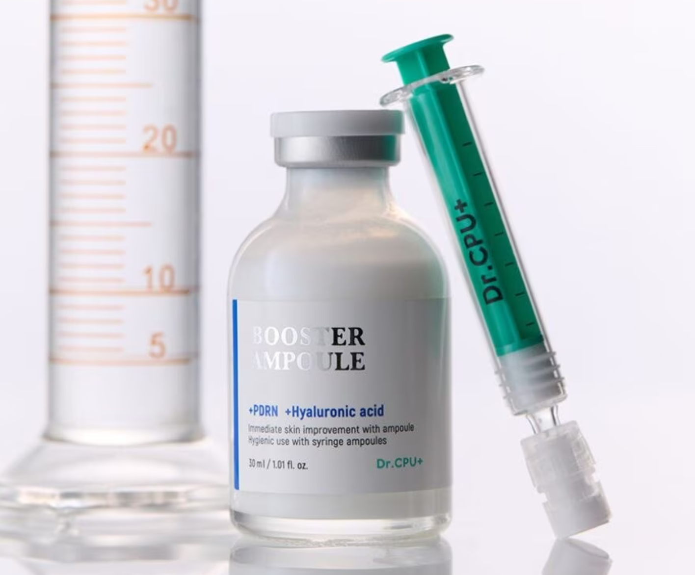 Skincare booster ampoule with syringe and measurement tool on a white background, Dr.cpu+ PDRN + Hyaluronic Booster Ampoule 30ml