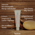 Hand cream with mango seed butter on a wooden background, featuring text about product benefits, Hetras Hand Cream Mango Seed Butter Flower Shop 50ml