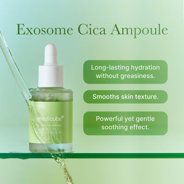 Exosome Cica Ampoule bottle with text on a green background, Medicube Exosome Cica Serum 30ml – Calming & Skin Barrier Repair Serum