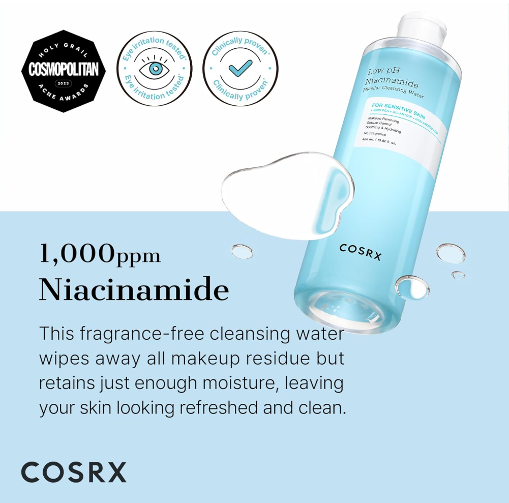 Cosrx cleansing water bottle with product details on a blue background, COSRX Low pH Niacinamide Micellar Cleansing Water 400ml