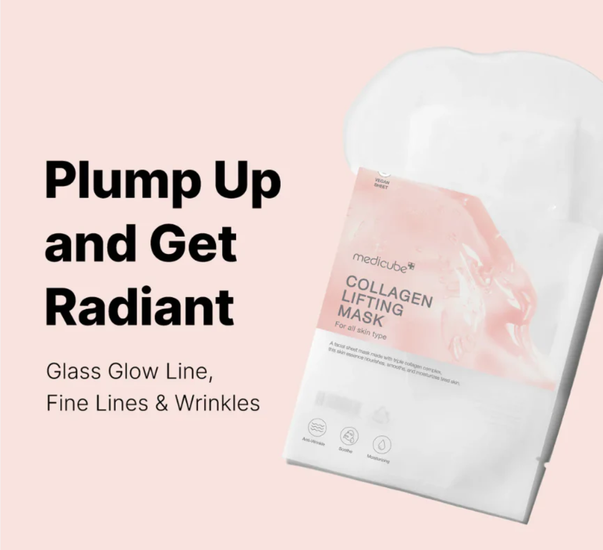 Collagen lifting mask packaging with promotional text on a pink background， Medicube Collagen Lifting Mask 5pcs