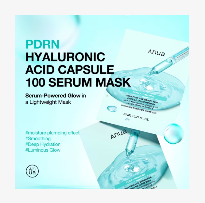 Anua PDRN Hyaluronic Acid Capsule 100 Serum Mask packaging with blue serum being applied, Anua PDRN Hyaluronic Acid Capsule 100 Serum Mask 5 pcs