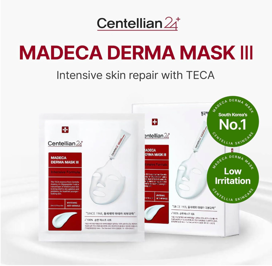 Centellian21 Madeca Derma Mask III packaging with a single mask displayed in front on a white background, Centellian24 Madeca Derma Mask lll Intensive Formula 10ea