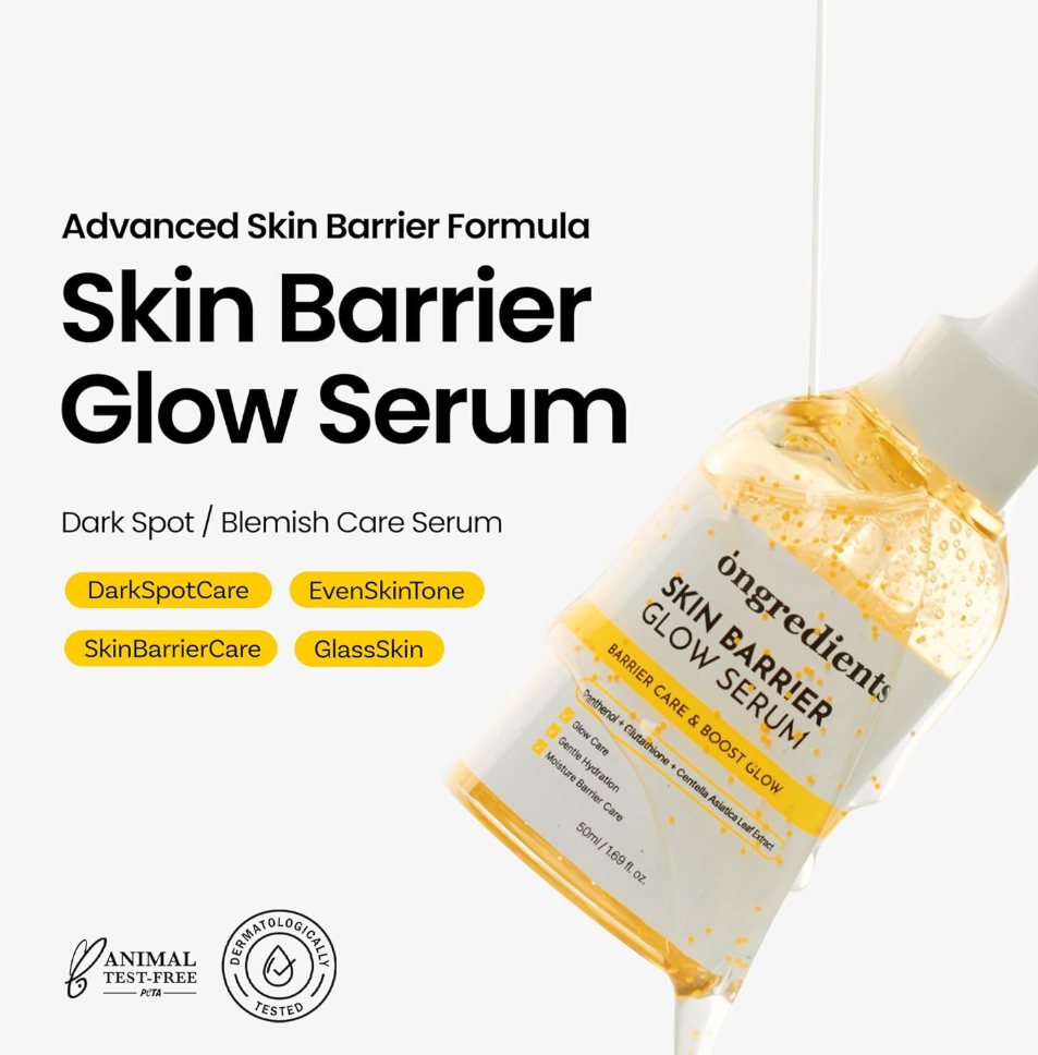 Skin Barrier Glow Serum with product details on a white background, ONGREDIENTS Skin Barrier Glow Serum 50ml