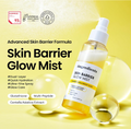 Skin Barrier Glow Mist bottle with product details on a yellow background, ONGREDIENTS Skin Barrier Glow Mist 100ml