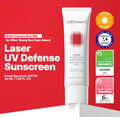 Laser UV Defense Sunscreen tube with award logos on a red background, CellFusionC Laser Sunscreen 50ml