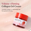 Jar of Volume + Firming Collegen Gel Cream with red lid on a light pink background, Round Lab Camellia Deep Collagen Firming Cream 50ml